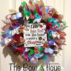 Christmas Gingerbread Man Holiday Ribbon Door Wreath Handmade 22 ins LED W5